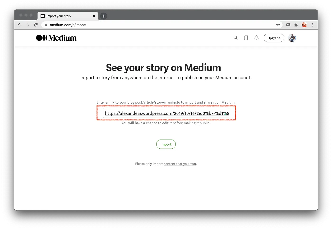 Import the WordPress post to Medium