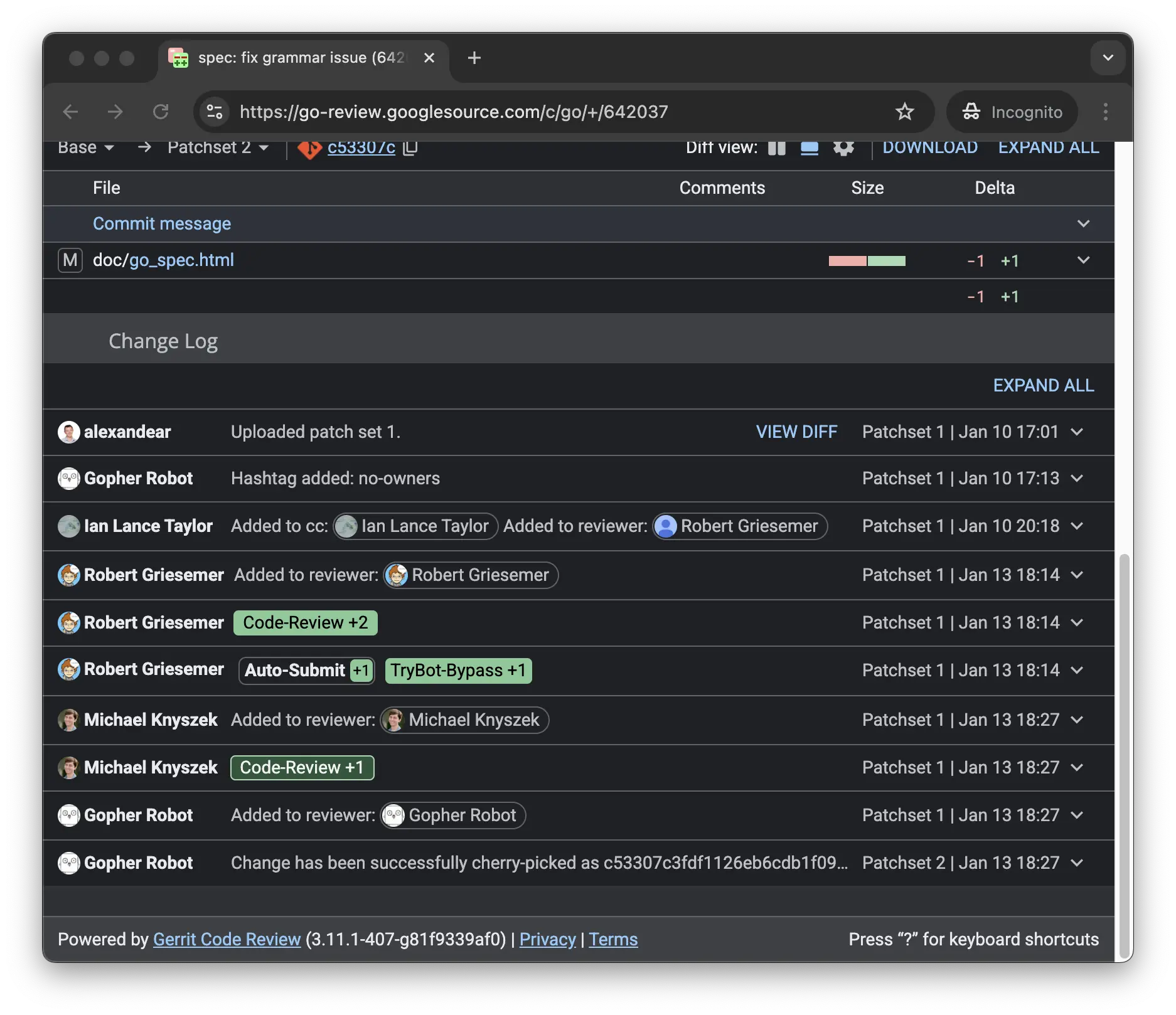 Change log in Gerrit