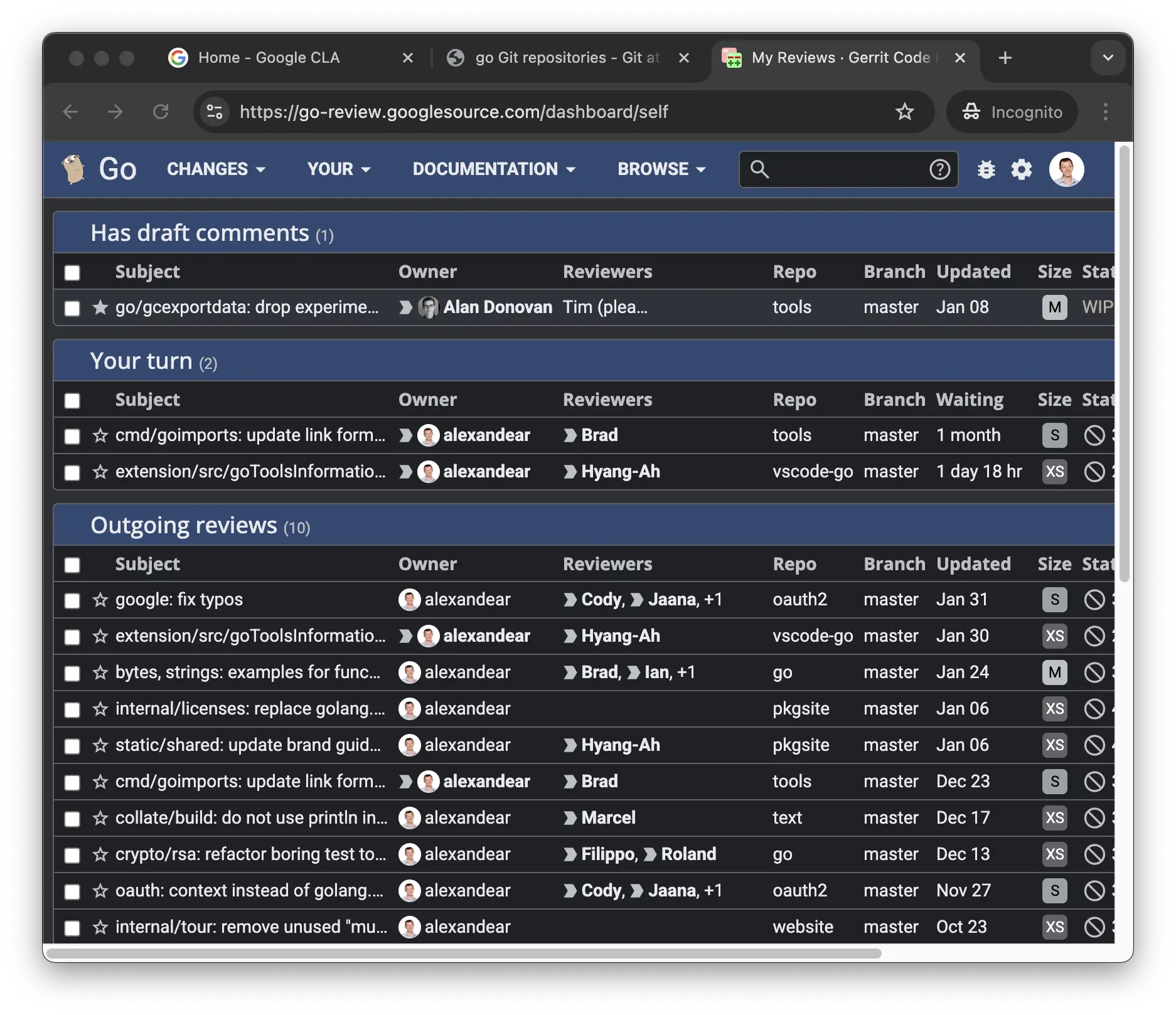 Typical Gerrit home page