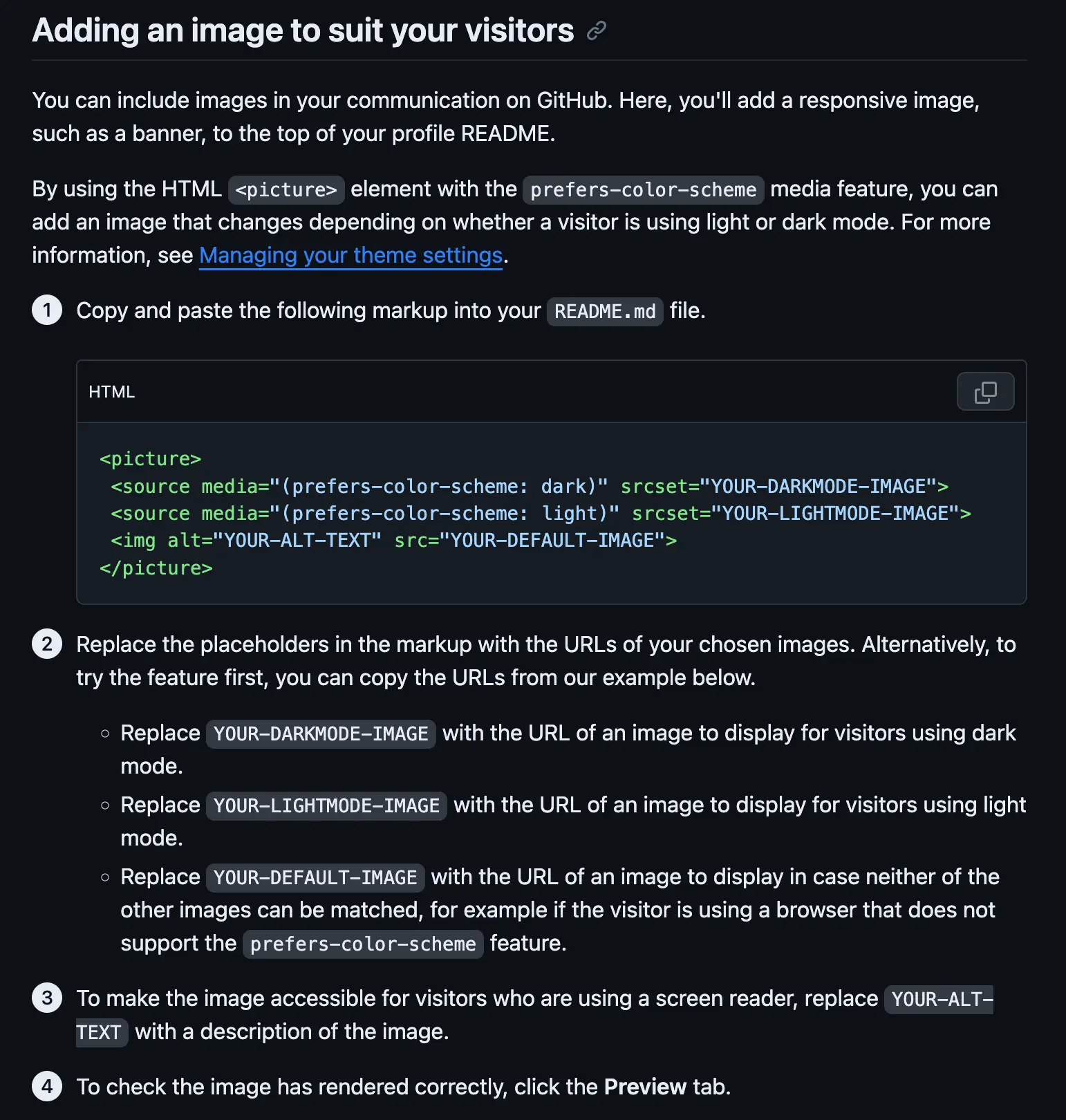 GitHub docs on adding an image to suit your visitors