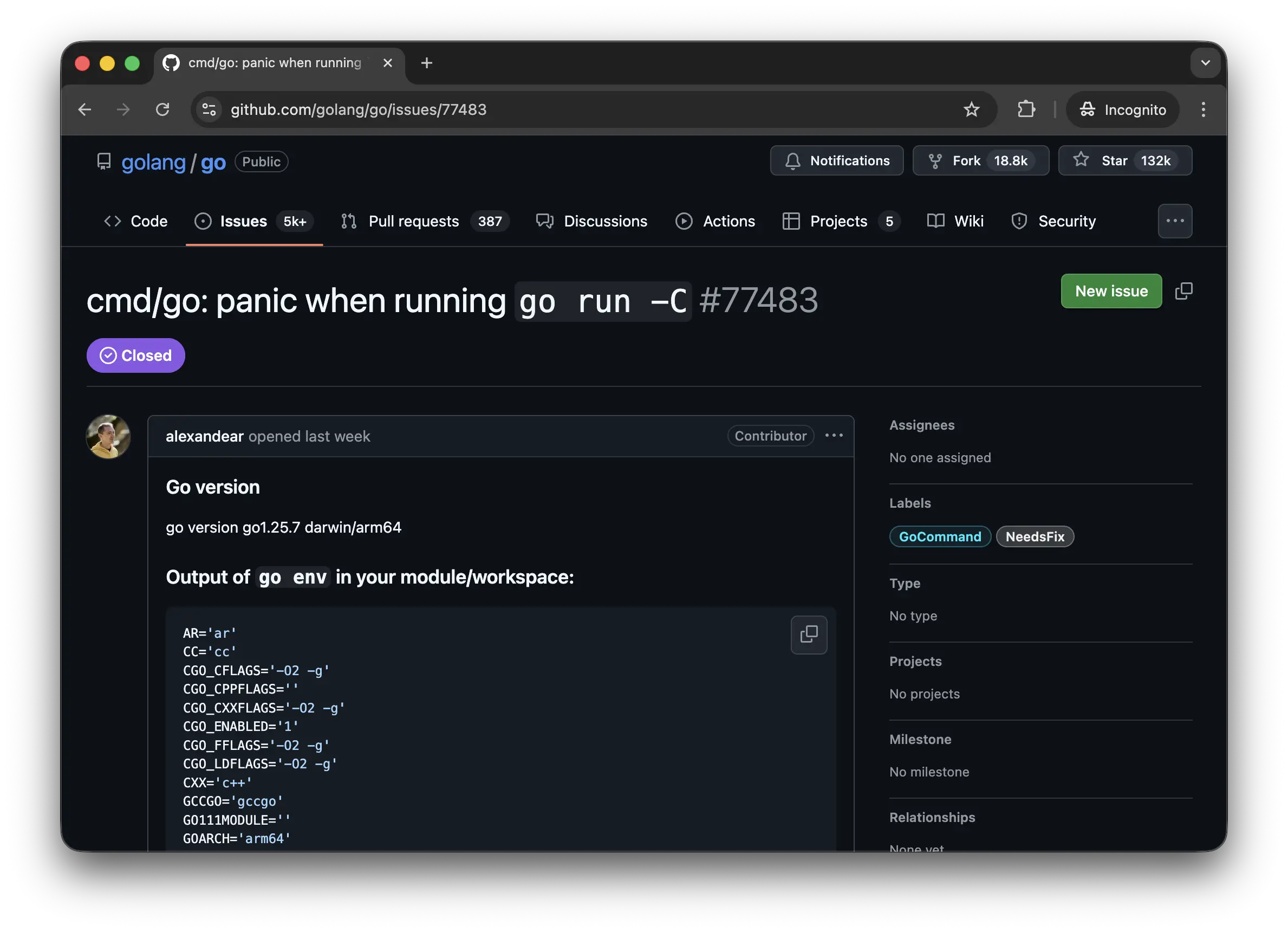 Screenshot of issue 77483 reporting the panic in go