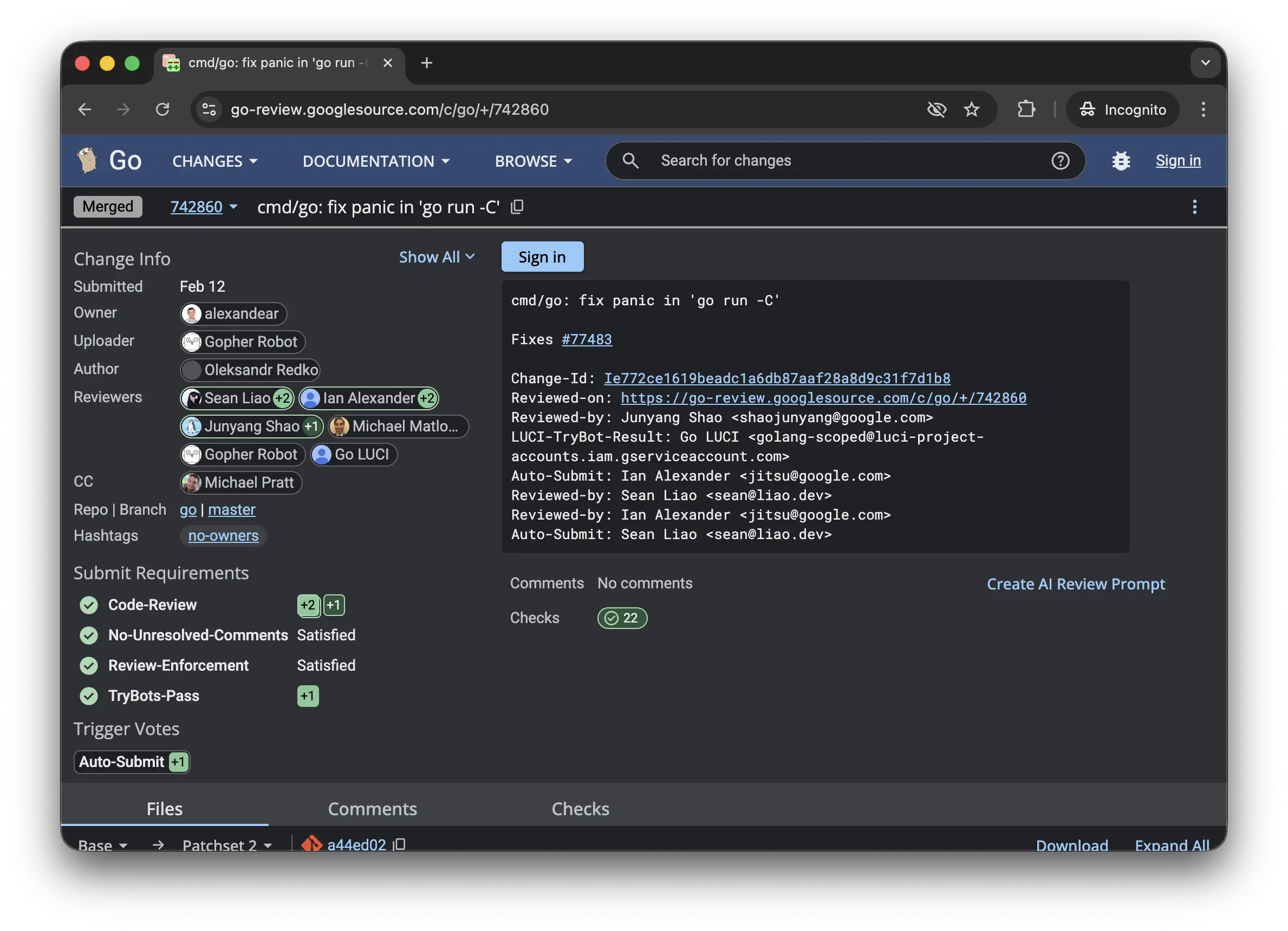 Screenshot of the merged changelist fixing the panic