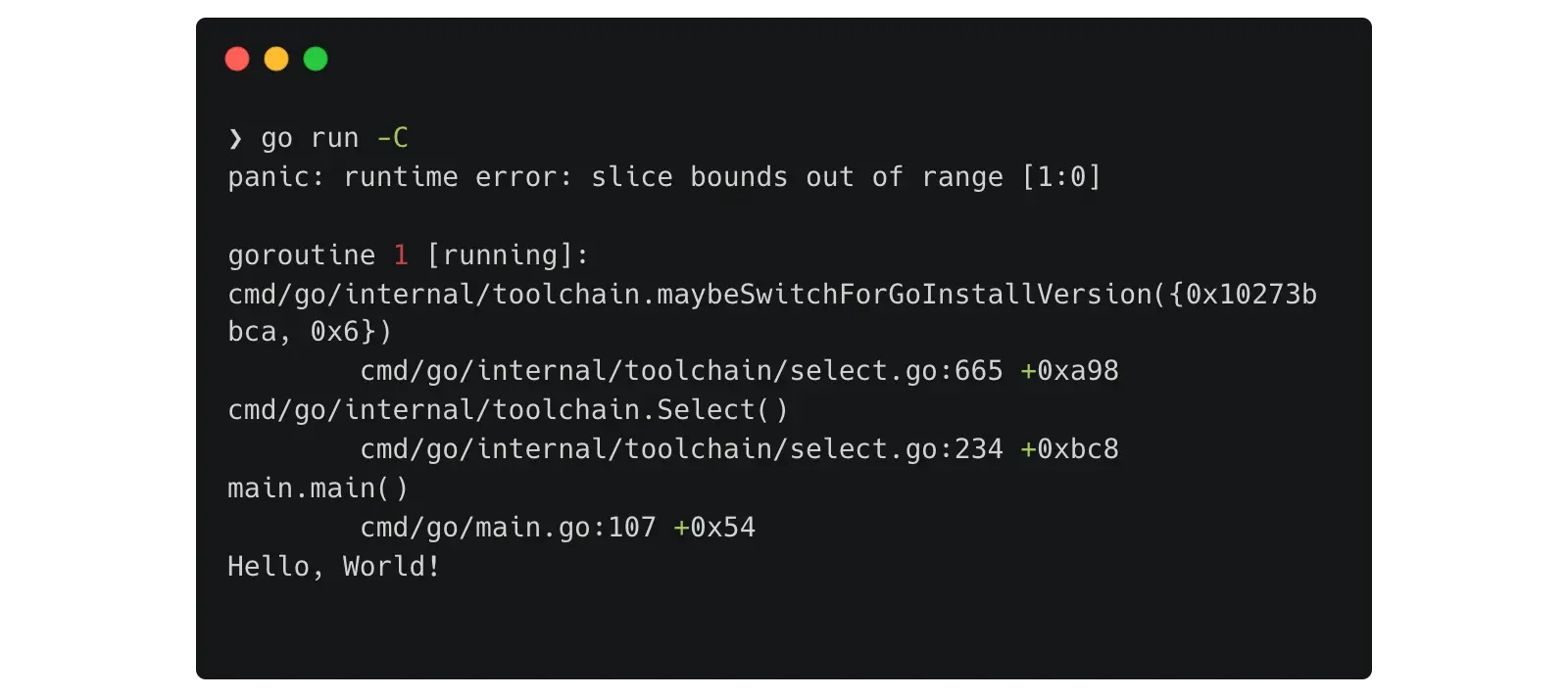 Screenshot of the panic in go run -C