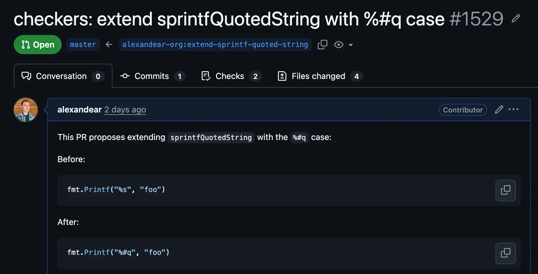 Screenshot of the PR on go-critic to extend the sprintfQuotedString checker