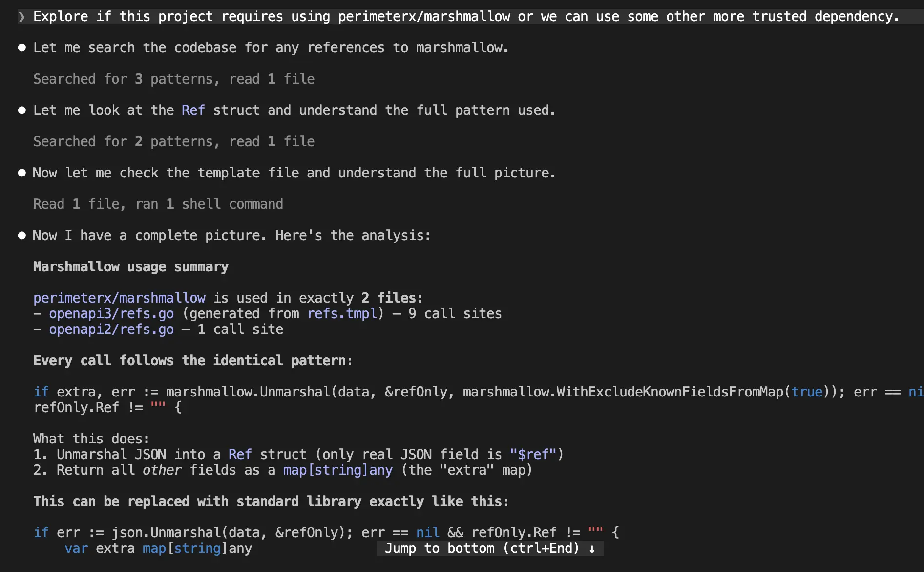 Claude answering the prompt that marshmallow can be replaced with the encoding/json