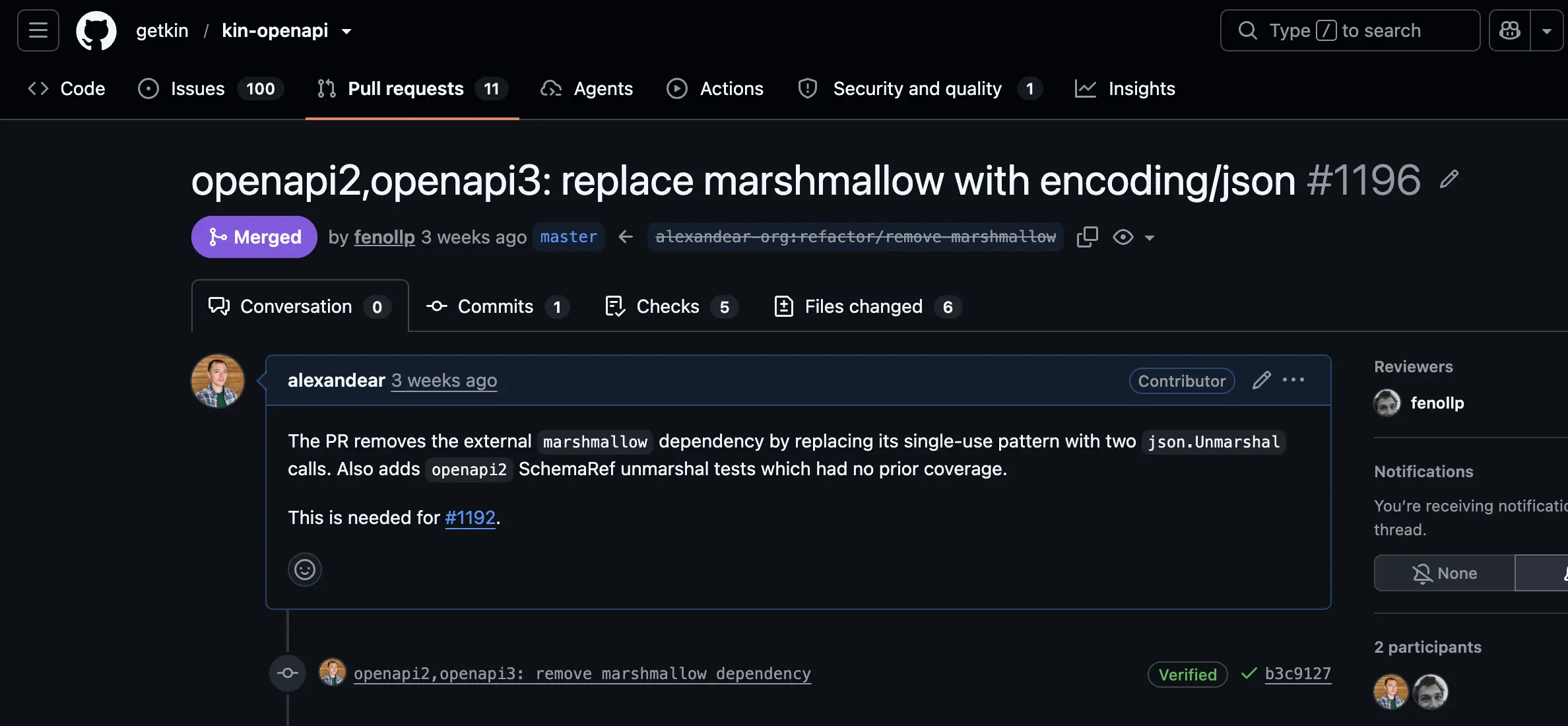My PR #1196 on kin-openapi replacing marshmallow with the standard library encoding/json