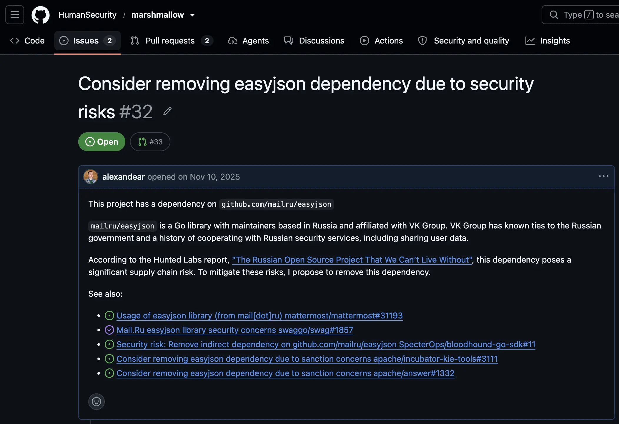 GitHub issue on the marshmallow asking to drop the easyjson